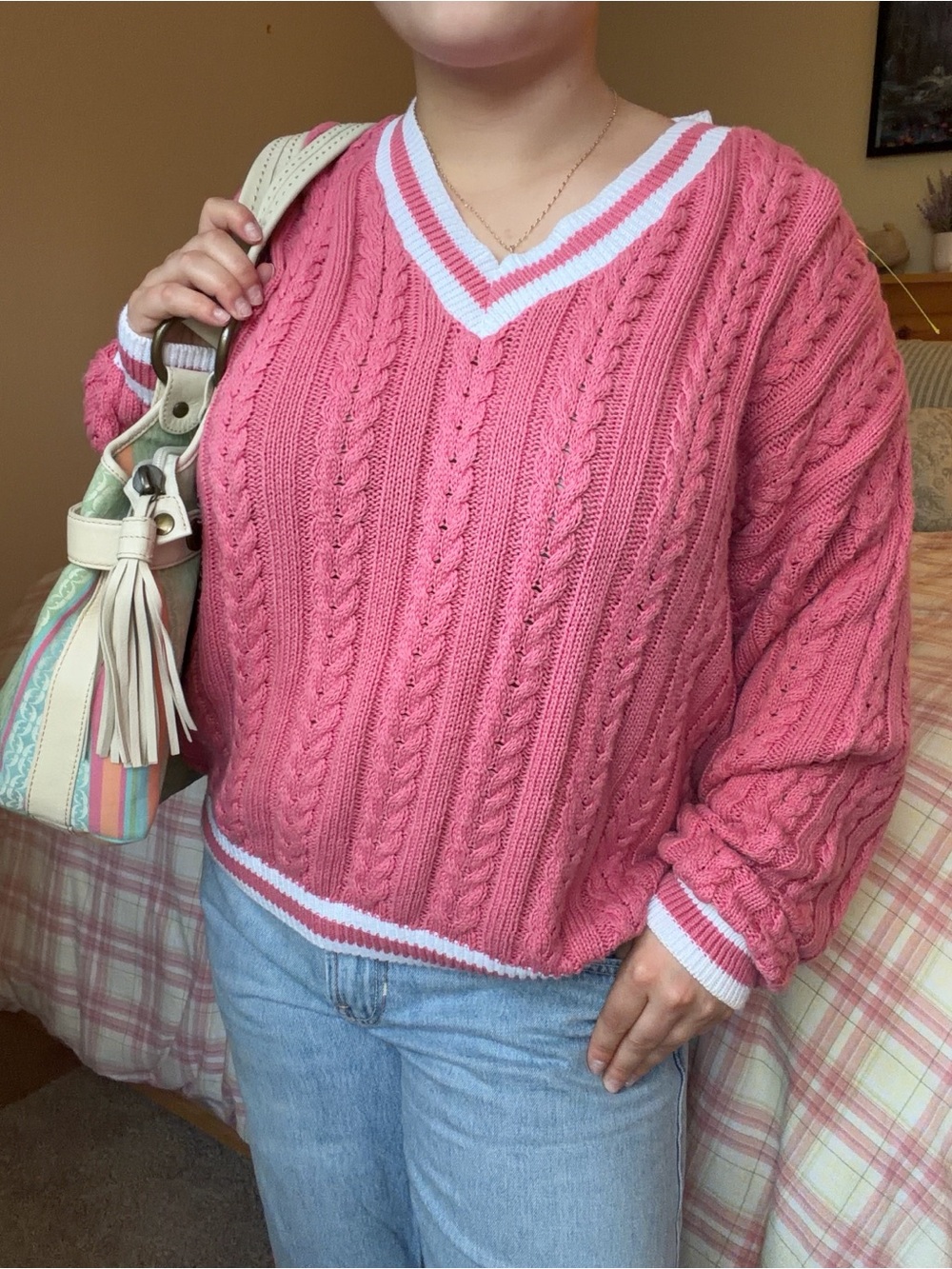Talbots V-Neck Cable Knit Sweater - Pink and White